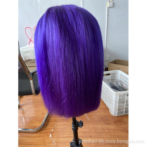 100% virgin human hair Short Bob Purple Blue Color Wigs,Straight 13*4 Lace Front Human Hair Wigs For Black Women